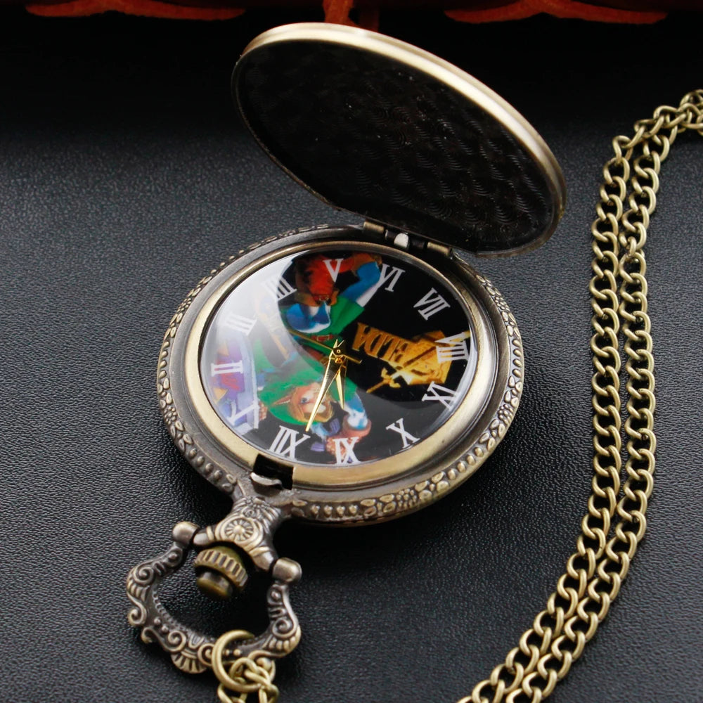 Zelda Stone Swordsman Vintage Bronze Quartz Pocket Watch